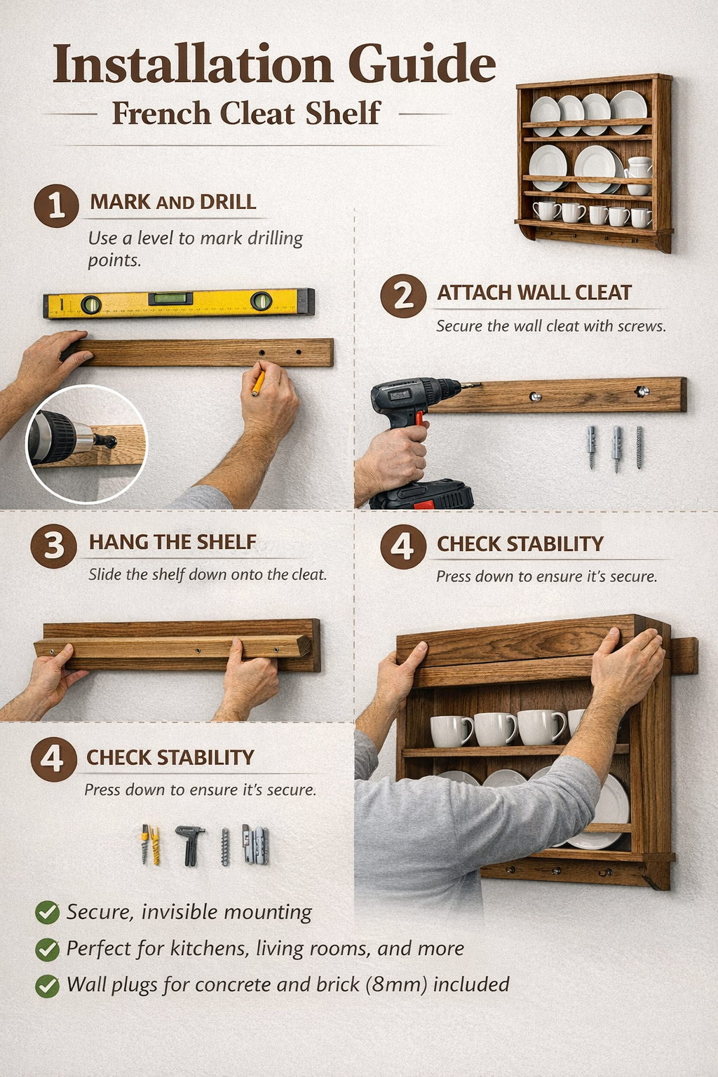 Wooden Wall Shelf for Plates and Mugs – Solid Ash Wood, Dark Walnut