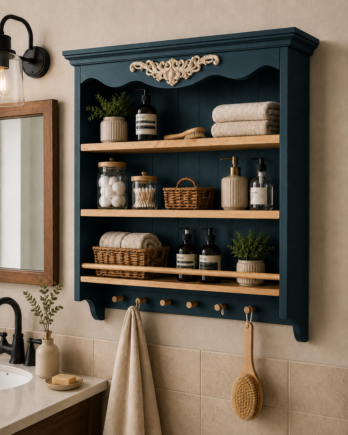 Farmhouse Wall Shelf | Rustic Wooden Kitchen & Bathroom Shelf | Handmade Solid Ash Wood Wall Organizer | Cottagecore Decor