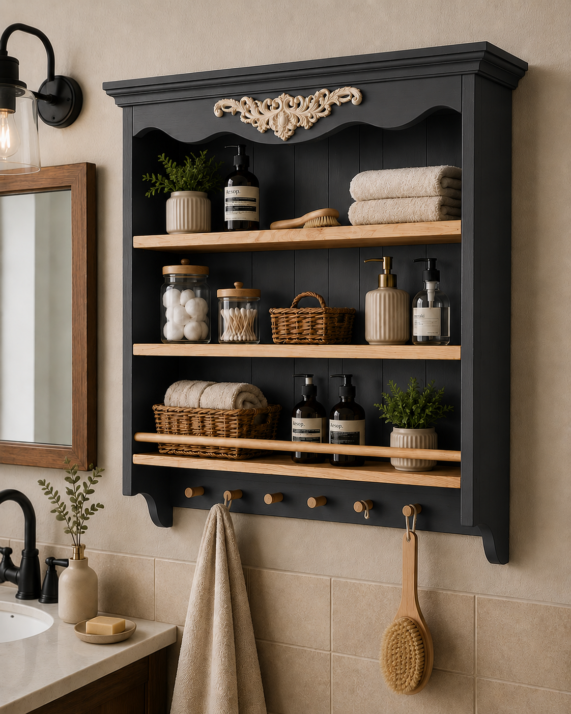Farmhouse Wall Shelf | Rustic Wooden Kitchen & Bathroom Shelf | Handmade Solid Ash Wood Wall Organizer | Cottagecore Decor