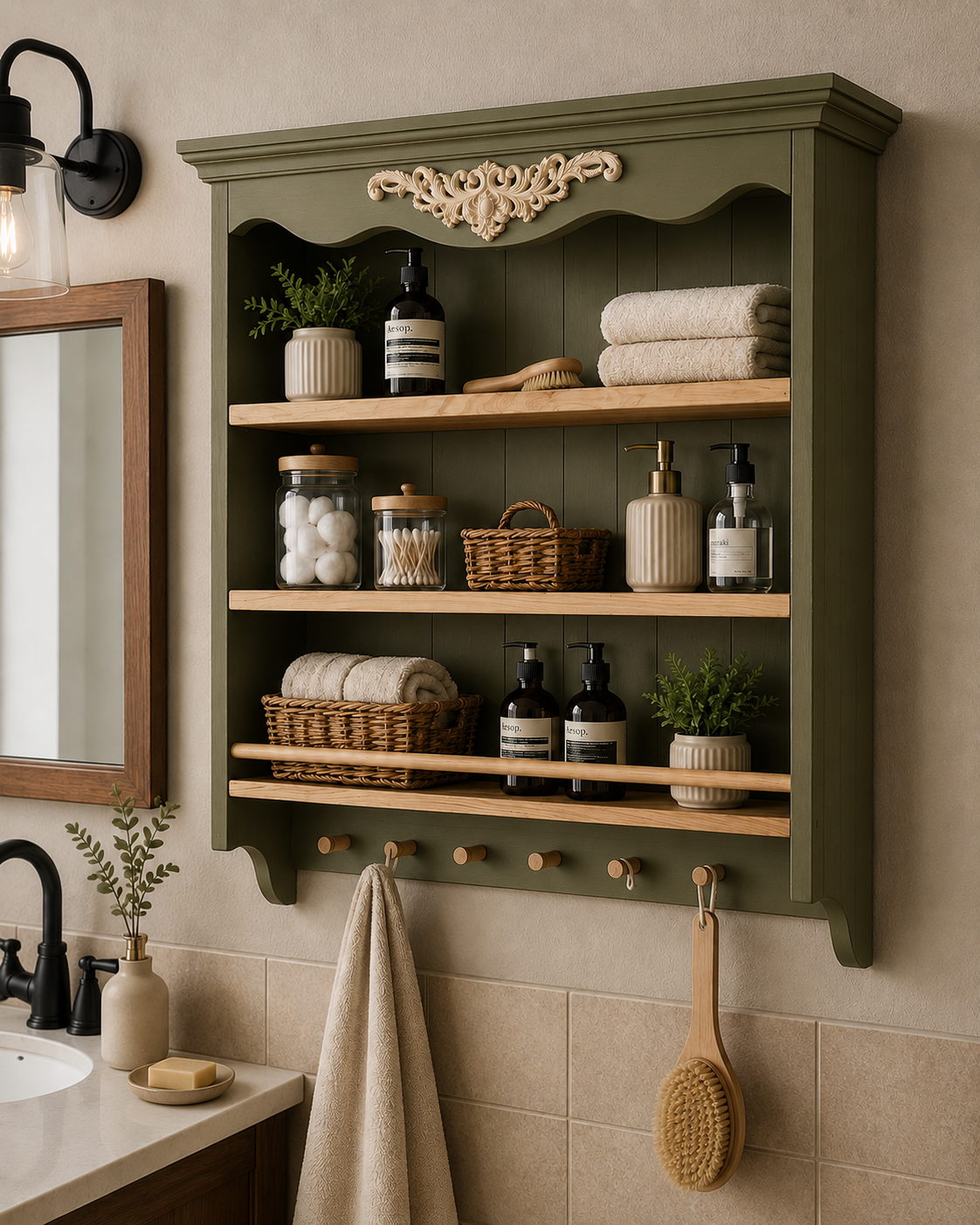 Farmhouse Wall Shelf | Rustic Wooden Kitchen & Bathroom Shelf | Handmade Solid Ash Wood Wall Organizer | Cottagecore Decor