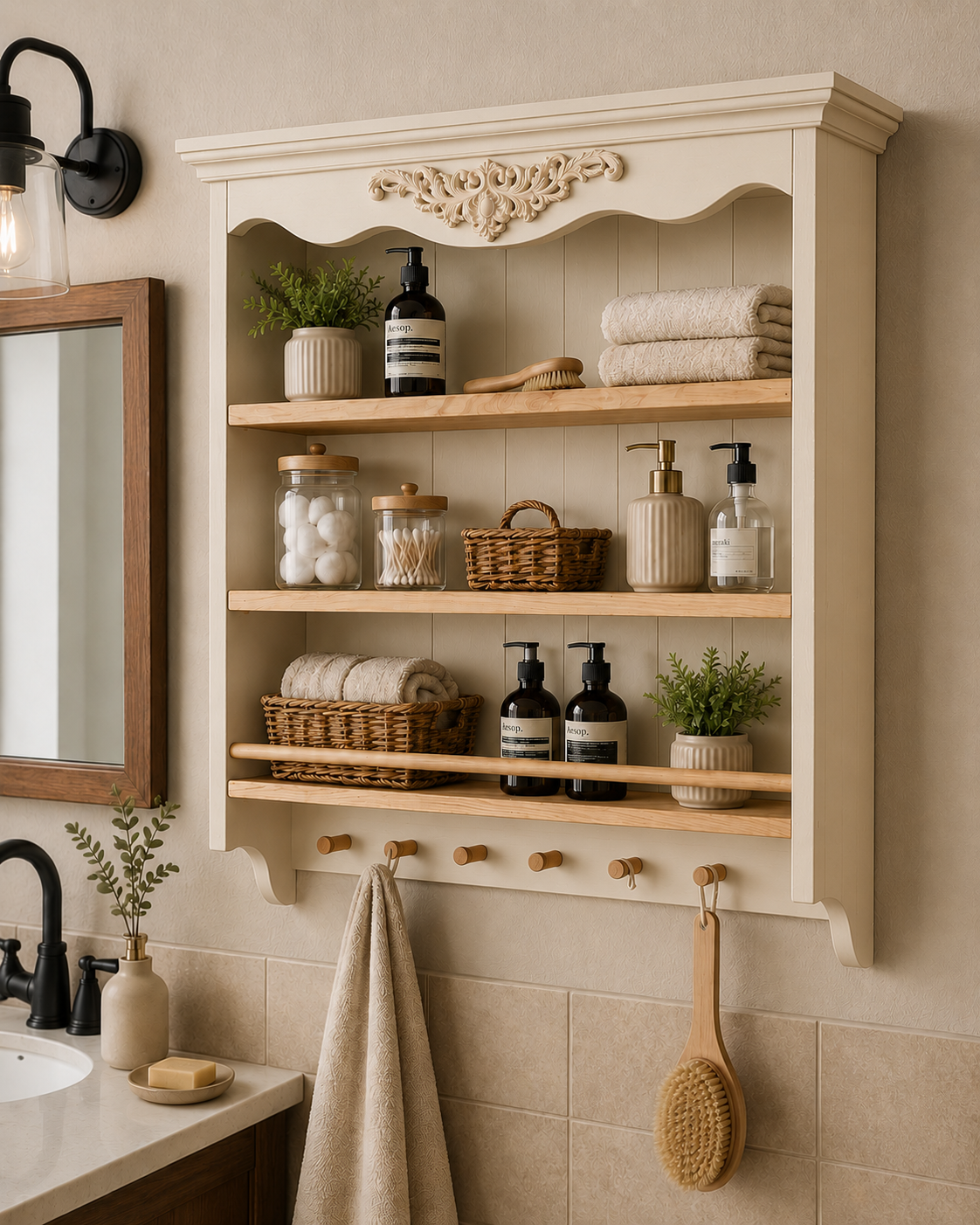 Farmhouse Wall Shelf | Rustic Wooden Kitchen & Bathroom Shelf | Handmade Solid Ash Wood Wall Organizer | Cottagecore Decor
