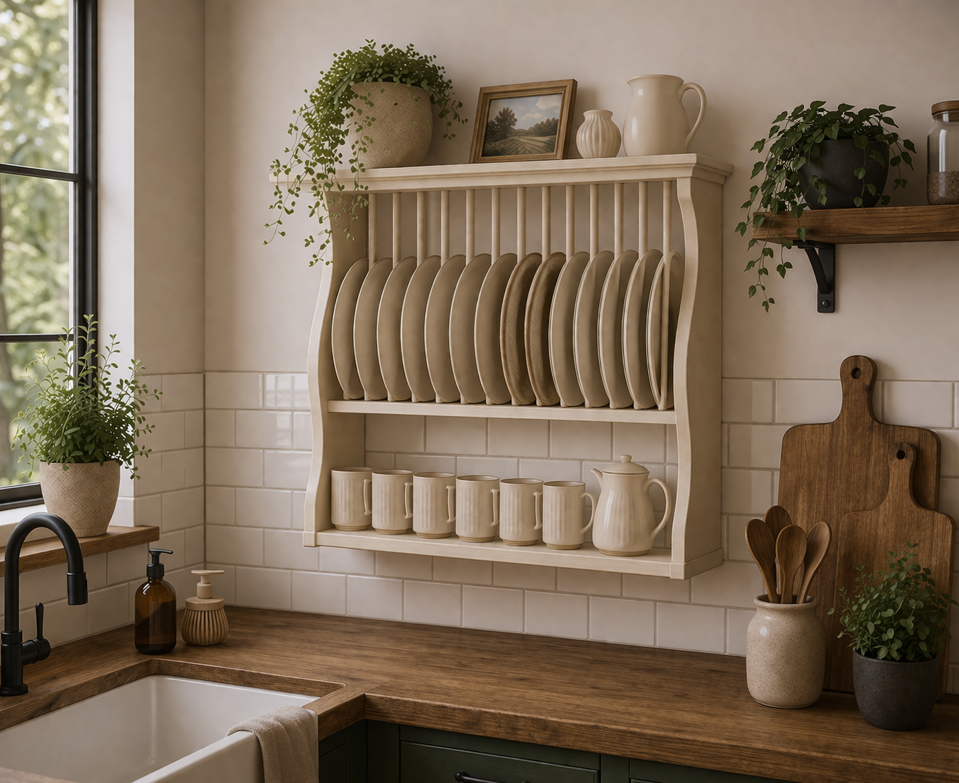 Solid Hardwood Plate Rack Wall Shelf – Farmhouse Kitchen Storage – Rustic Scandinavian Wall Shelf