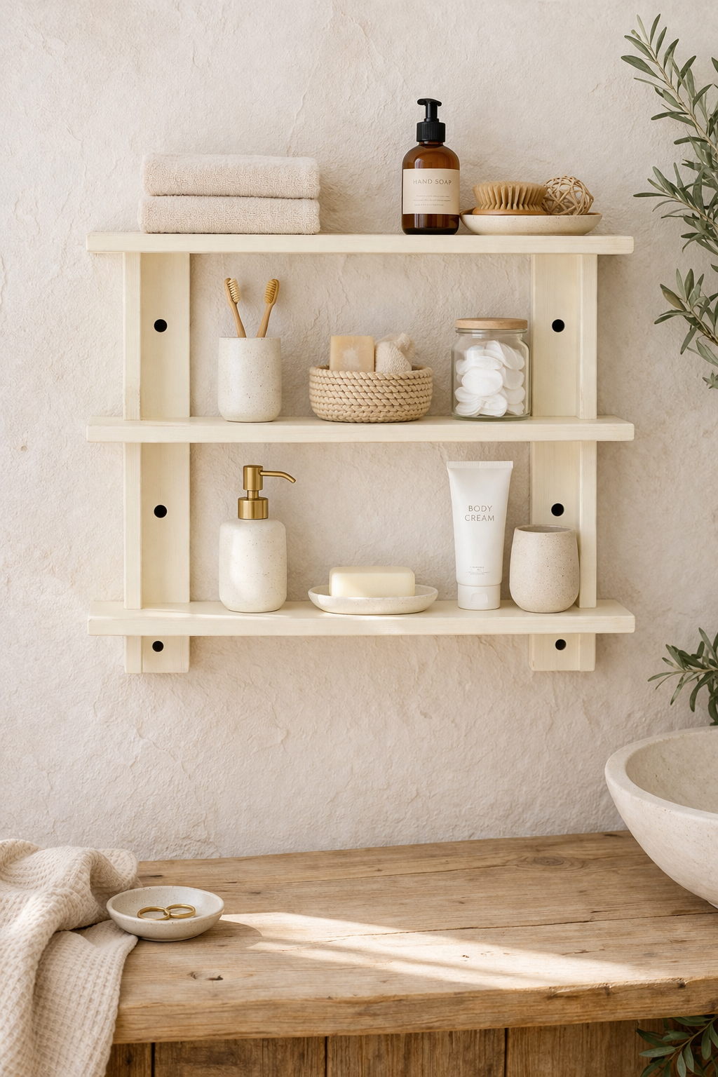 Handmade Solid Wood Wall Shelf – Cream Farmhouse Bathroom Shelf – Rustic Scandinavian Storage