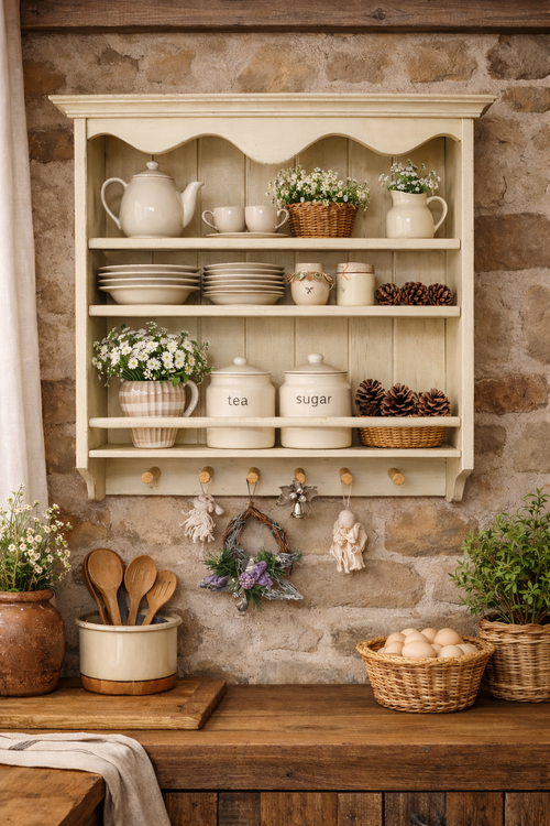 Cream Wall Shelf Solid Wood – Farmhouse Plate & Mug Rack | Kitchen Storage (Ash Wood)