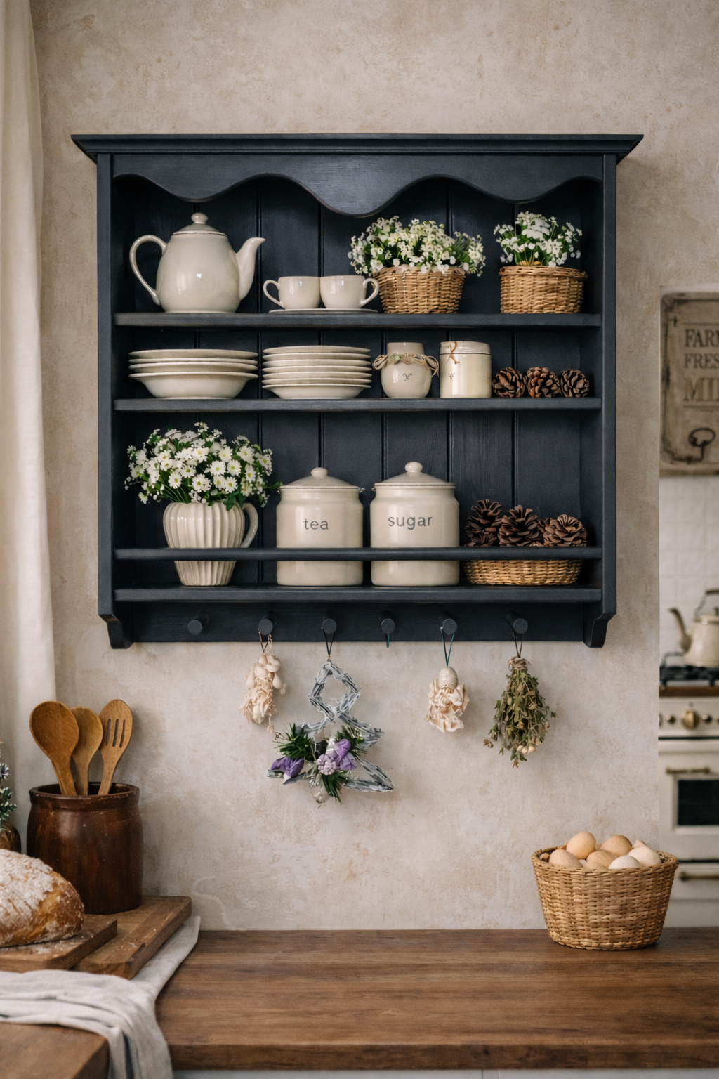Graphite Wall Shelf Solid Wood – Farmhouse Plate & Mug Rack | Kitchen Storage (Ash Wood)