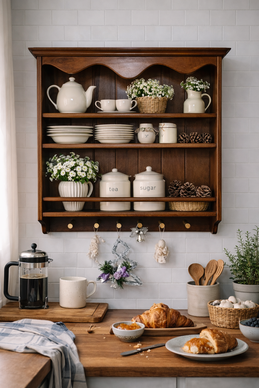 Wooden Wall Shelf for Plates and Mugs – Solid Ash Wood, Dark Walnut