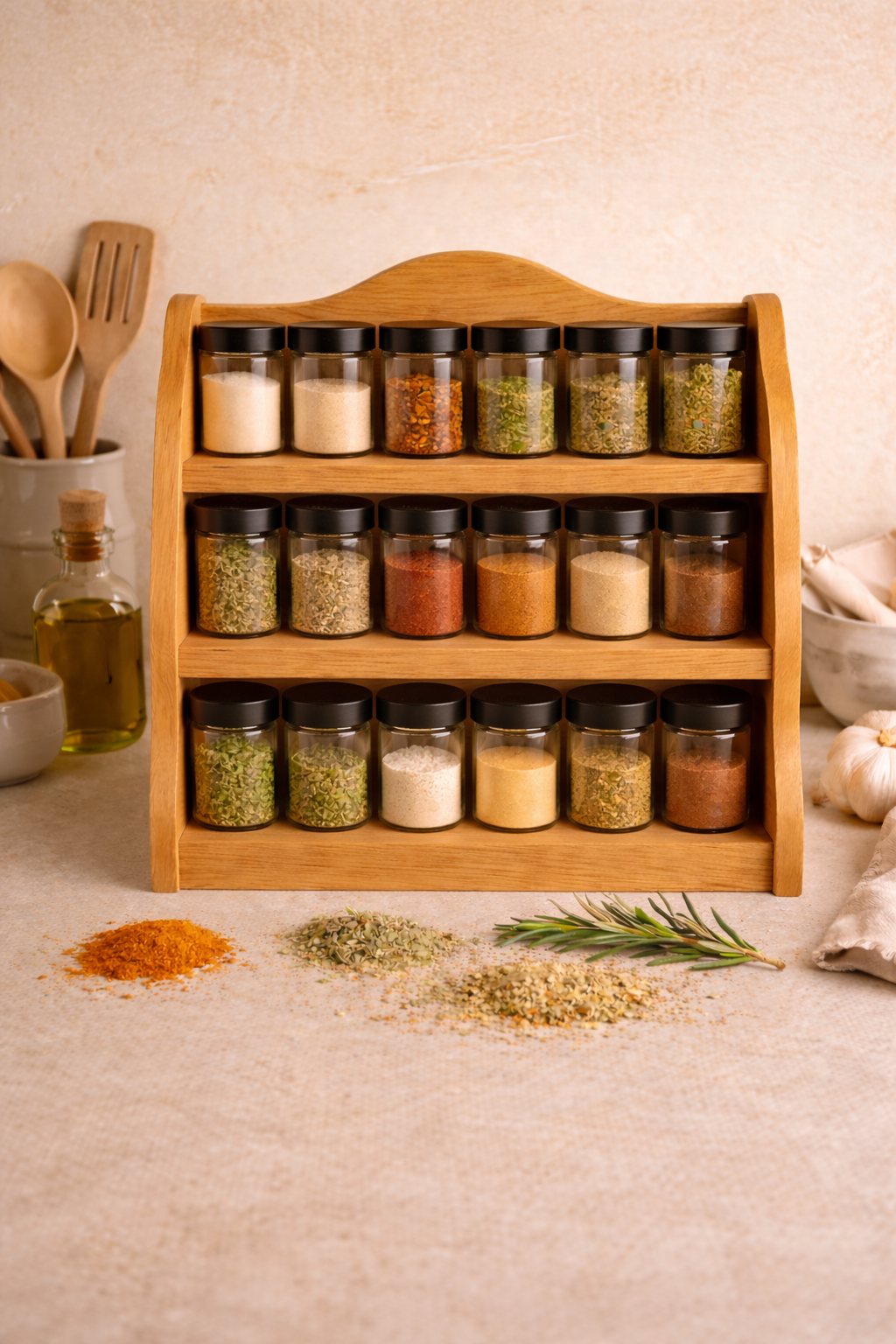 Wooden Spice Rack 60 cm – Solid Ash Wood Kitchen Organizer