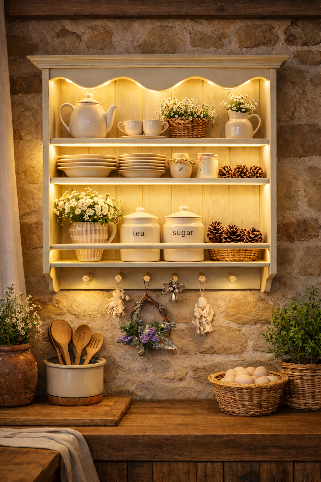Farmhouse Wall Shelf with LED Motion Sensor – Solid Wood Kitchen Plate & Mug Rack