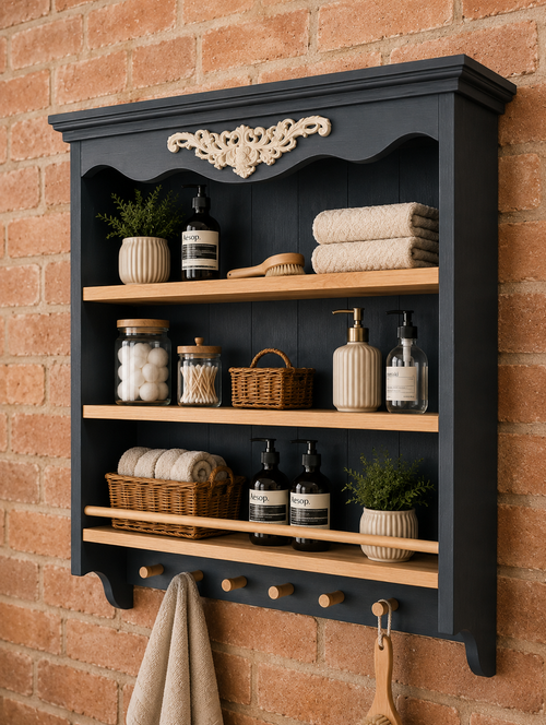 Handmade farmhouse wall shelf made from solid wood with mug hooks, rustic black finish and natural wooden shelves, styled in a cozy vintage kitchen interior.