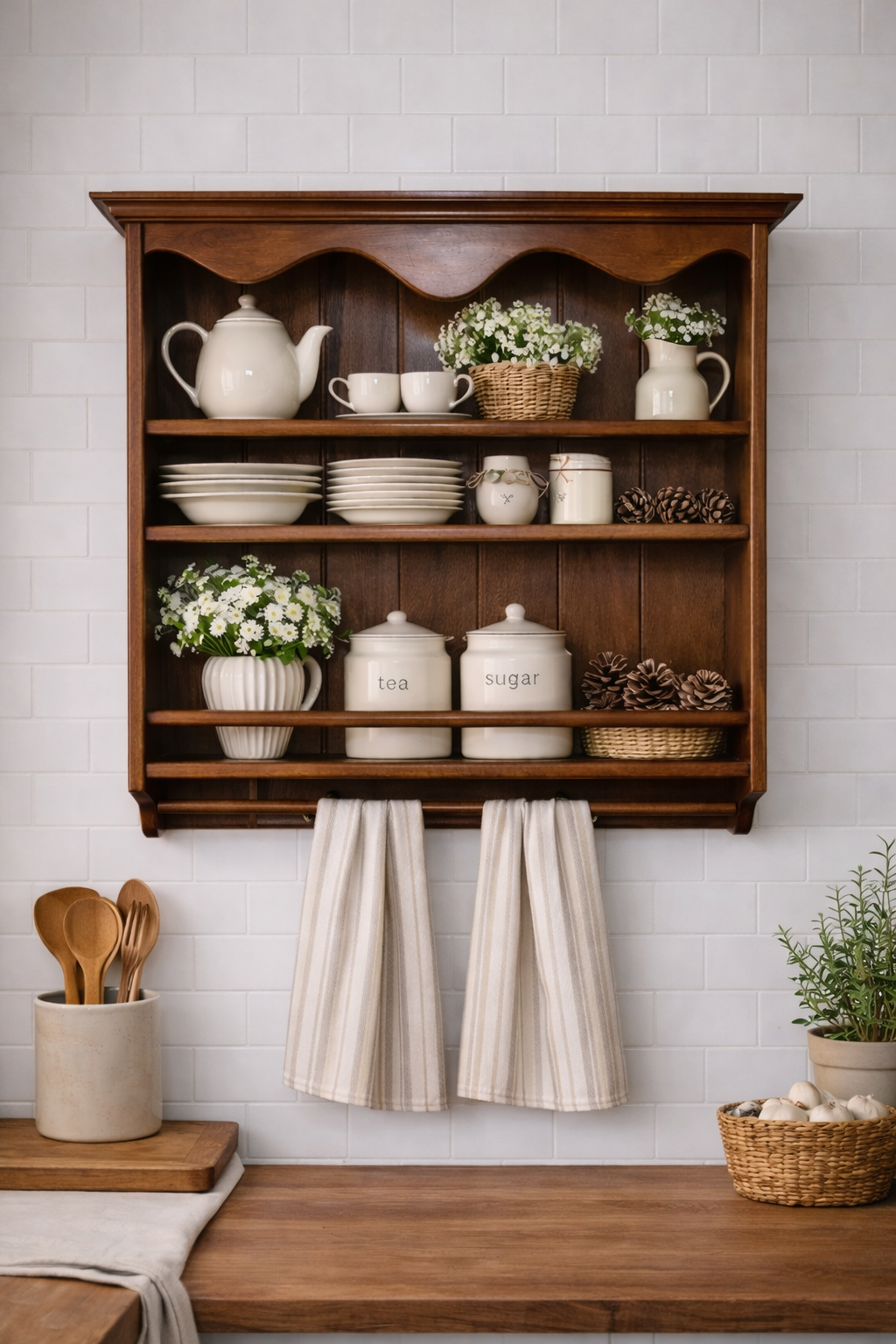 Wooden Wall Shelf for Plates and Mugs – Solid Ash Wood, Dark Walnut