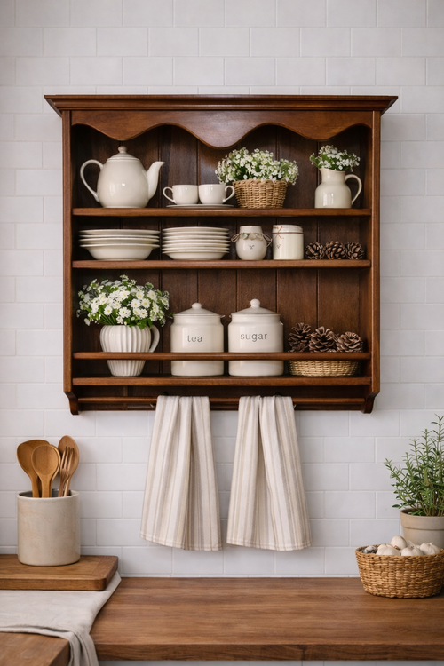 Dark Brown Wall Shelf Solid Wood – Farmhouse Plate & Mug Rack | Kitchen Storage (Ash Wood)