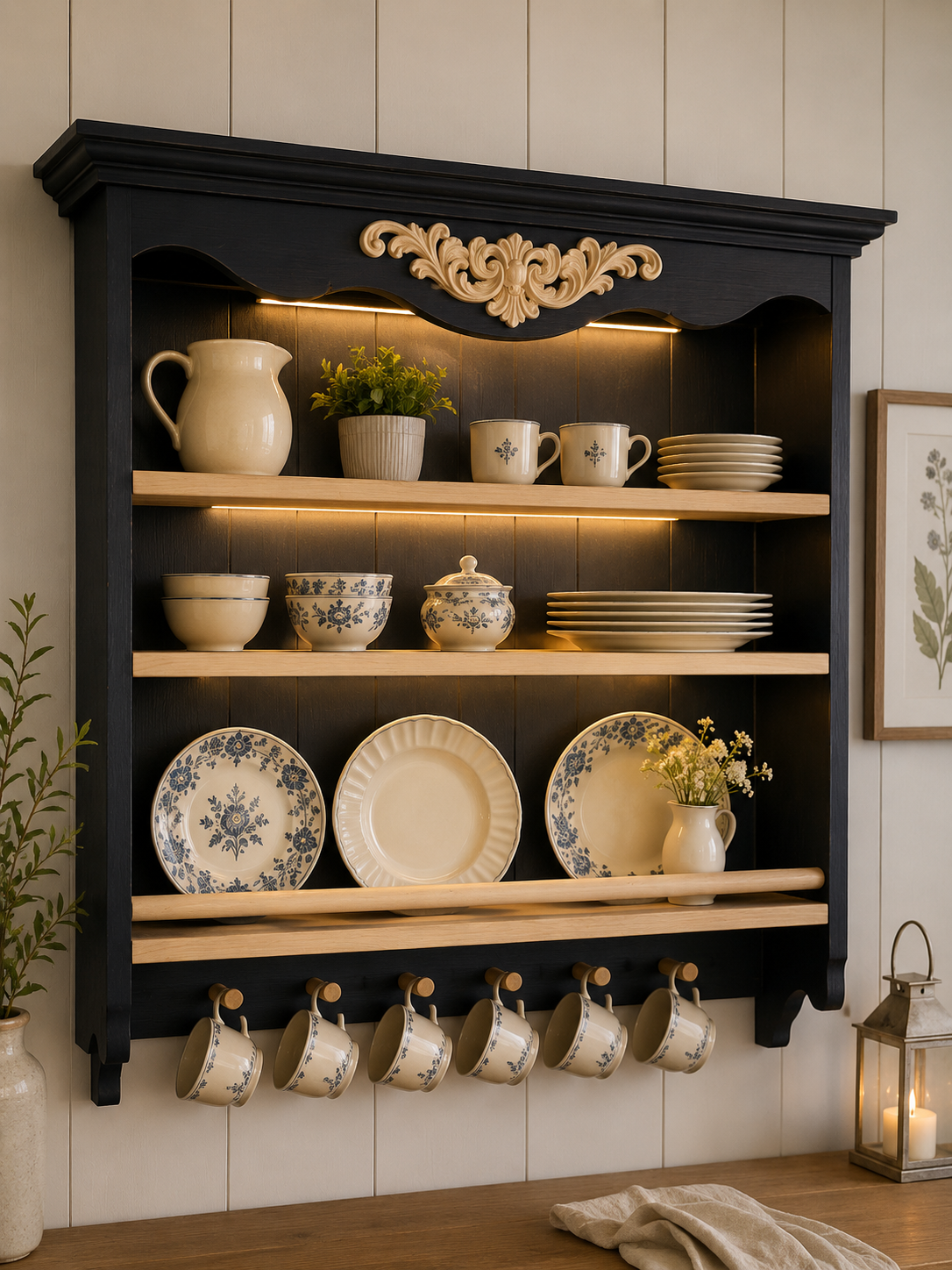 Handmade Farmhouse Wall Shelf with LED Lighting – Solid Ash Wood Rustic Kitchen Plate Rack – Scandinavian Wall Storag
