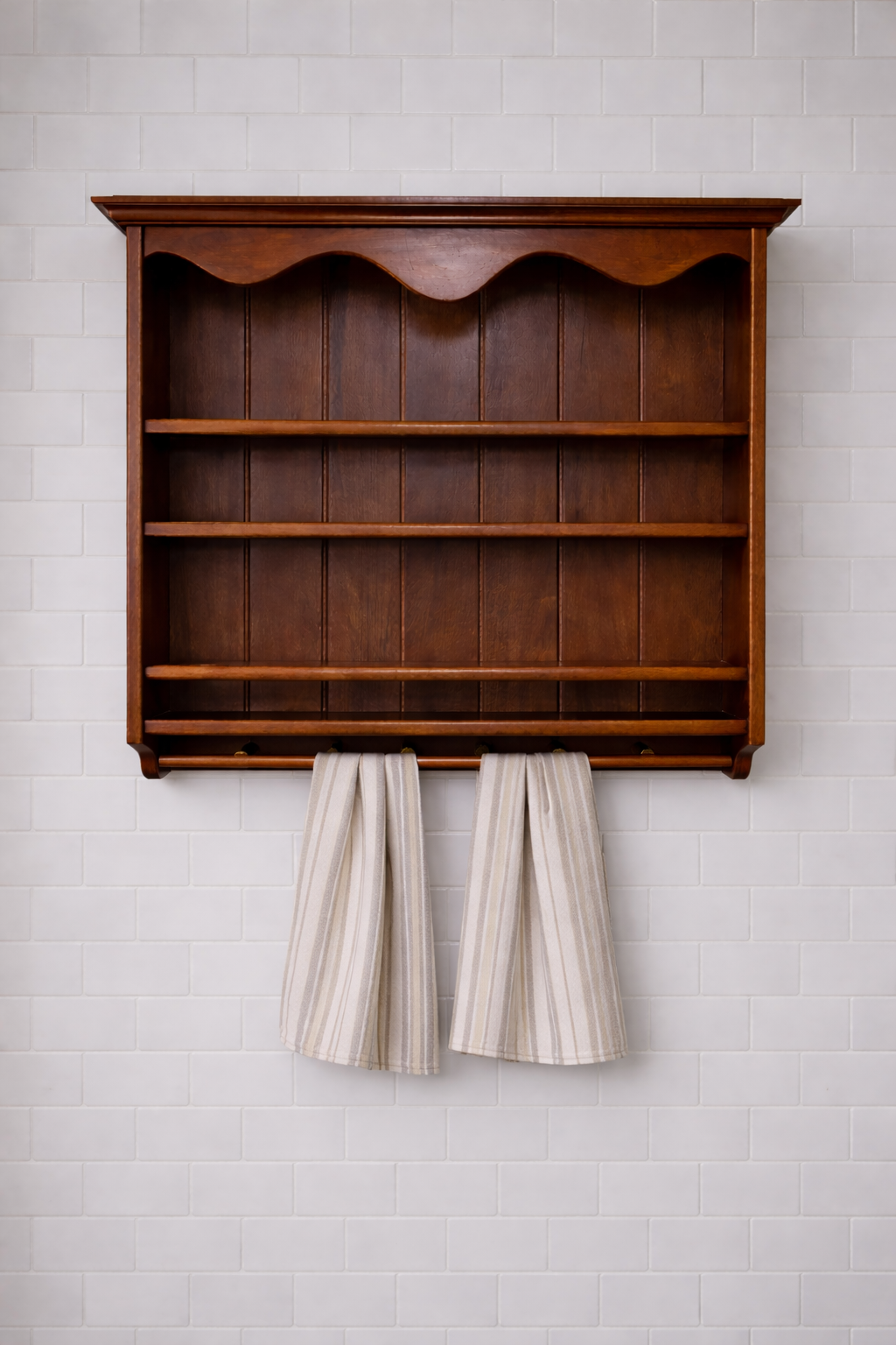 Wooden Wall Shelf for Plates and Mugs – Solid Ash Wood, Dark Walnut