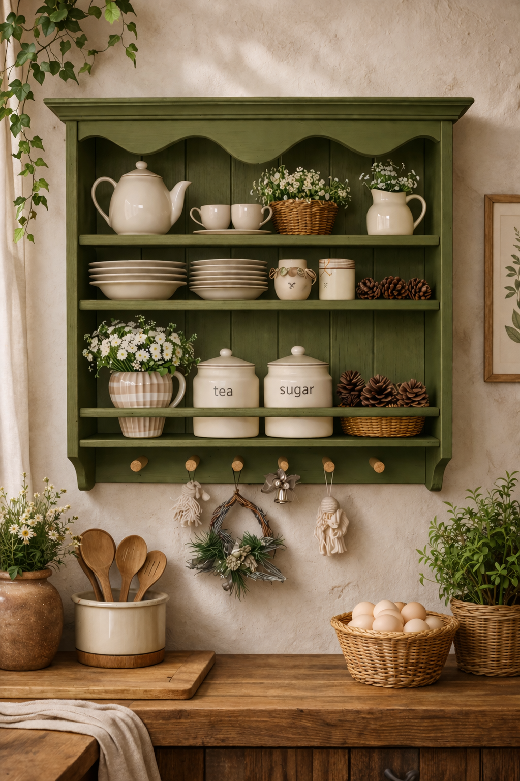 Olive Green & Natural Ash Wall Shelf – Solid Wood Plate & Mug Rack | Farmhouse Kitchen Storage