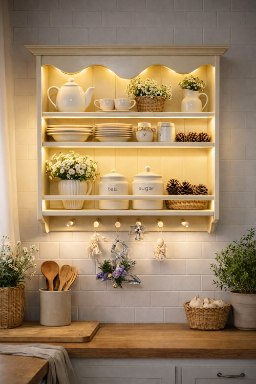 Farmhouse Wall Shelf with LED Motion Sensor – Solid Wood Kitchen Plate & Mug Rack