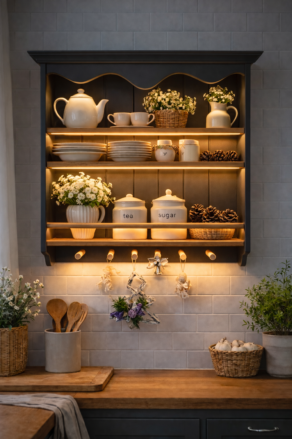 Graphite Farmhouse Wall Shelf with LED Motion Sensor – Solid Wood Plate & Mug Rack