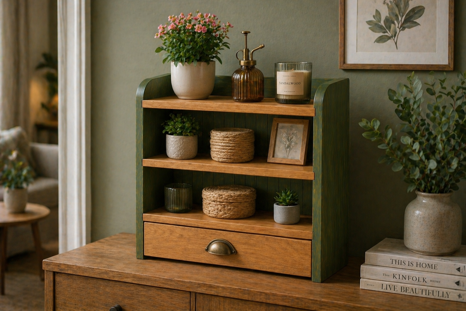 Olive Green Kitchen Organizer with Drawer – Solid Ash Wood Coffee Station – Scandinavian Farmhouse Storage
