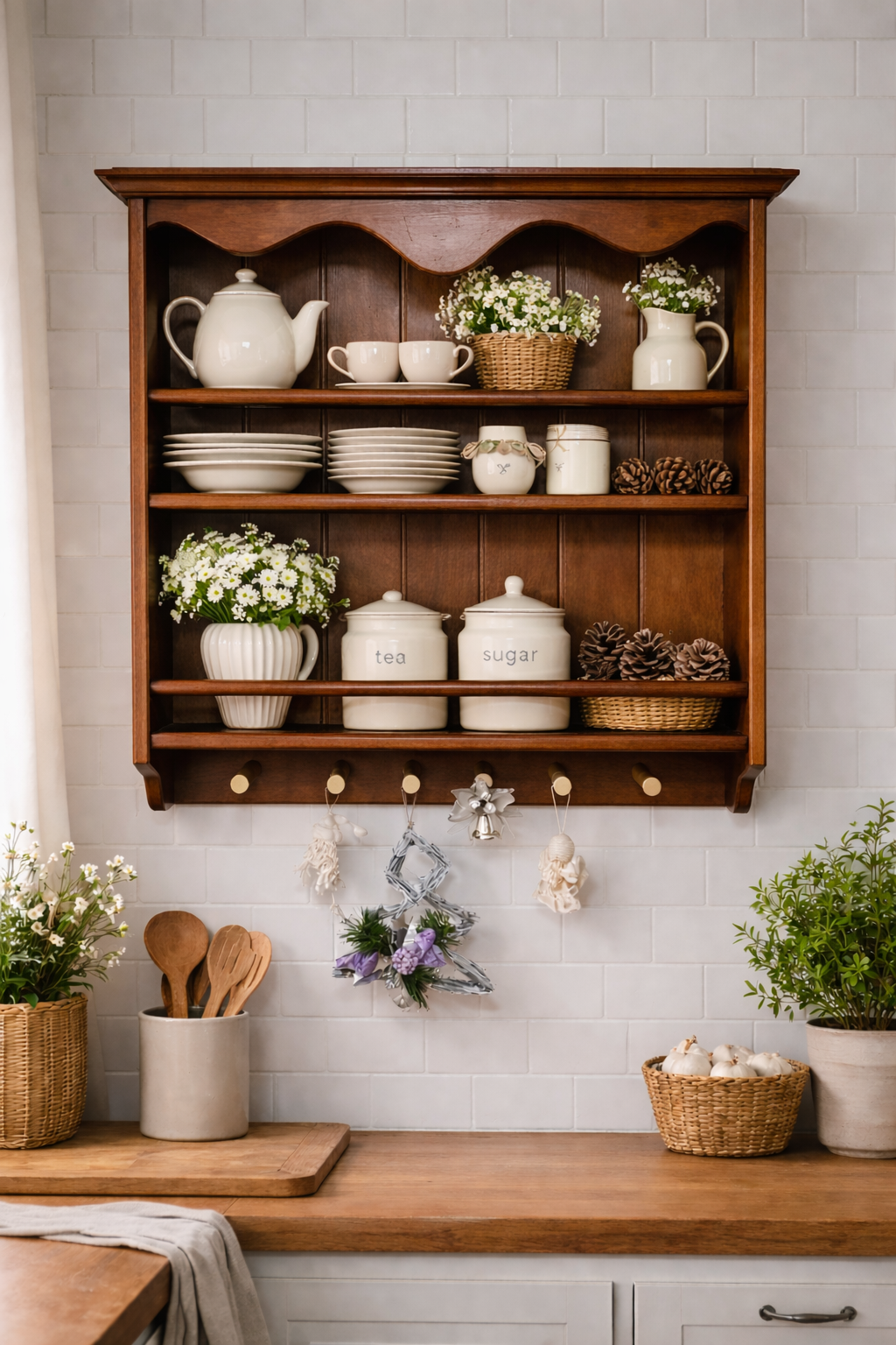 Wooden Wall Shelf for Plates and Mugs – Solid Ash Wood, Dark Walnut