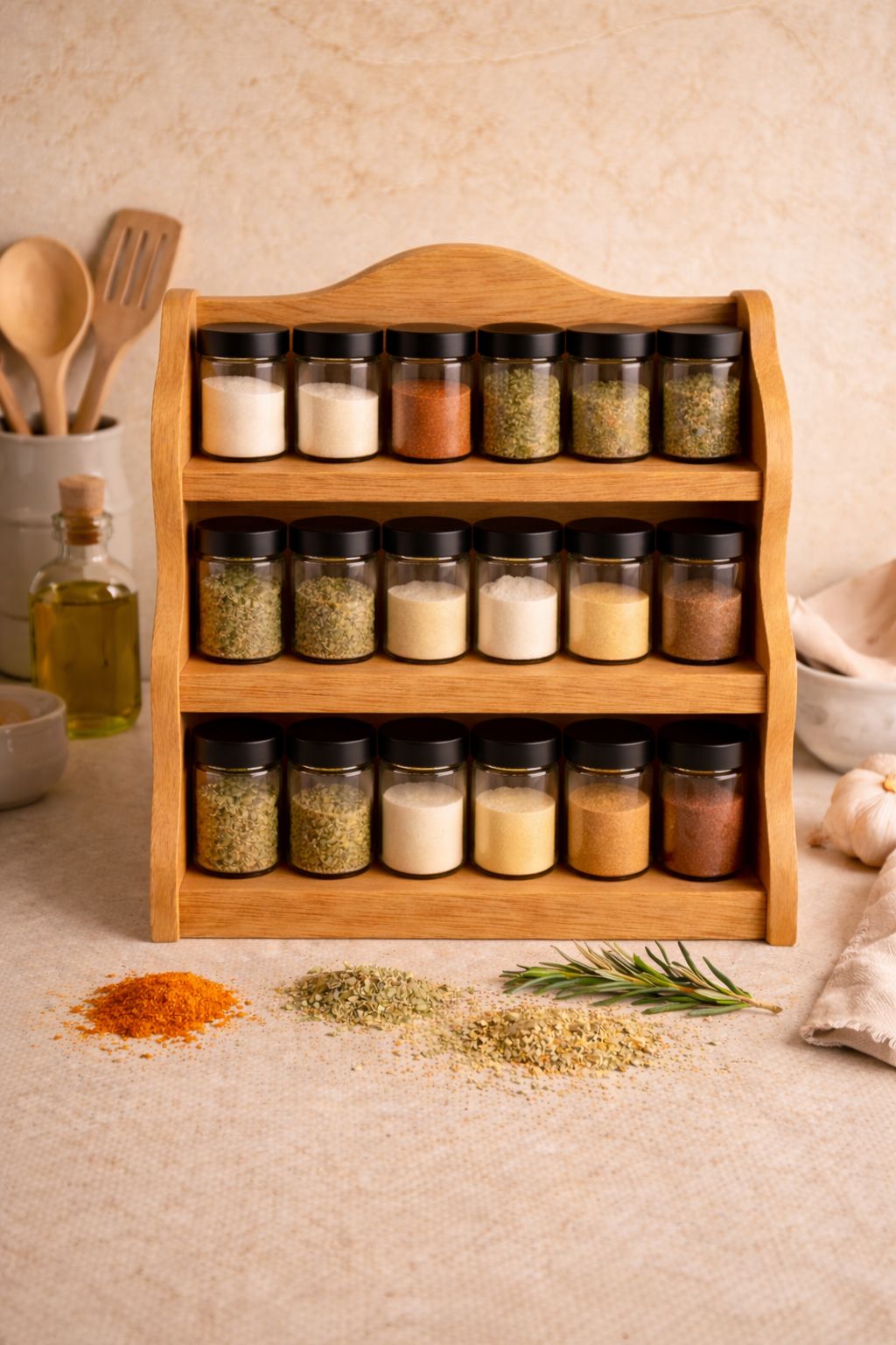 Wooden Spice Rack 40 cm – Solid Ash Wood Kitchen Organizer