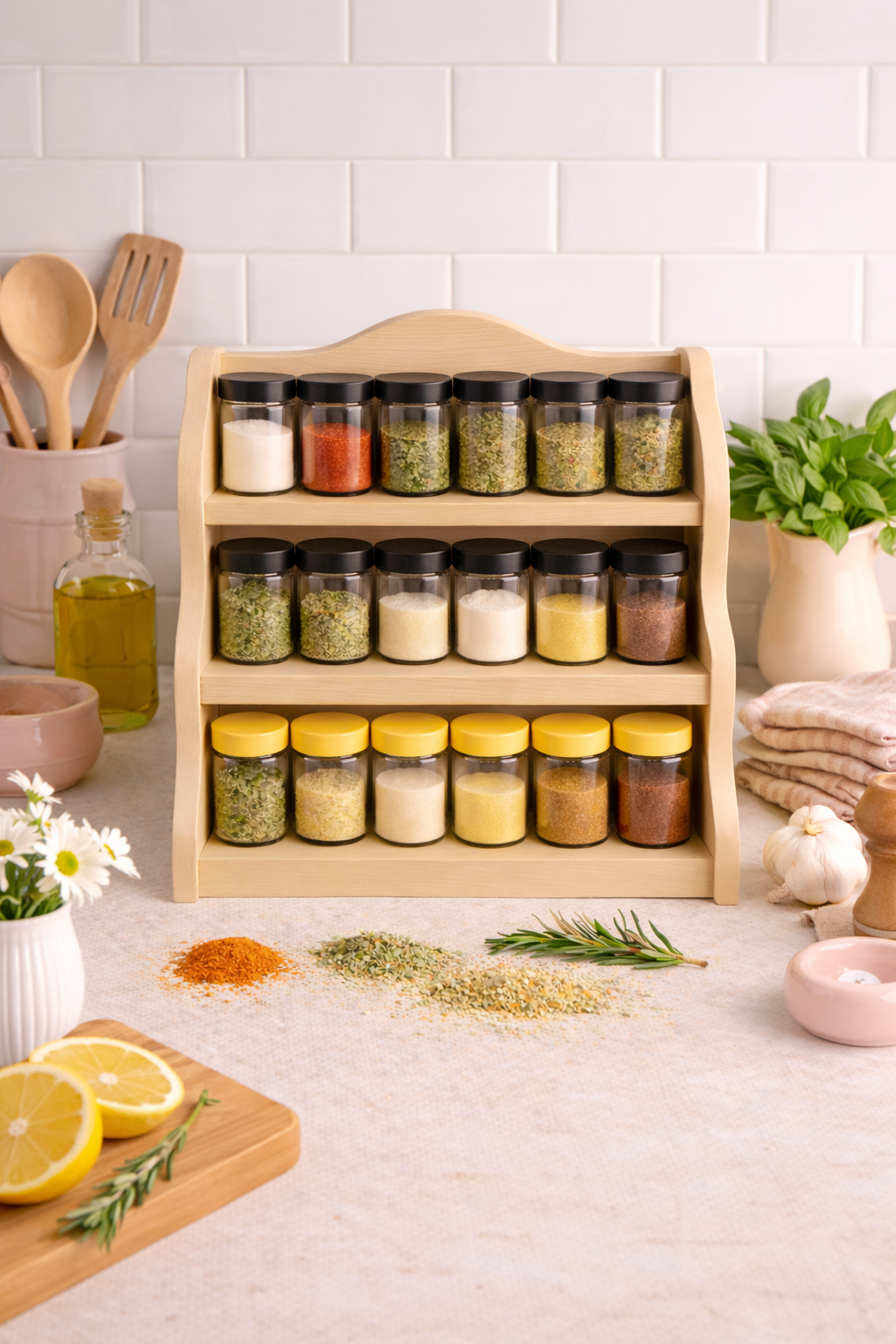 Wooden Spice Rack 60 cm – Solid Ash Wood Kitchen Organizer