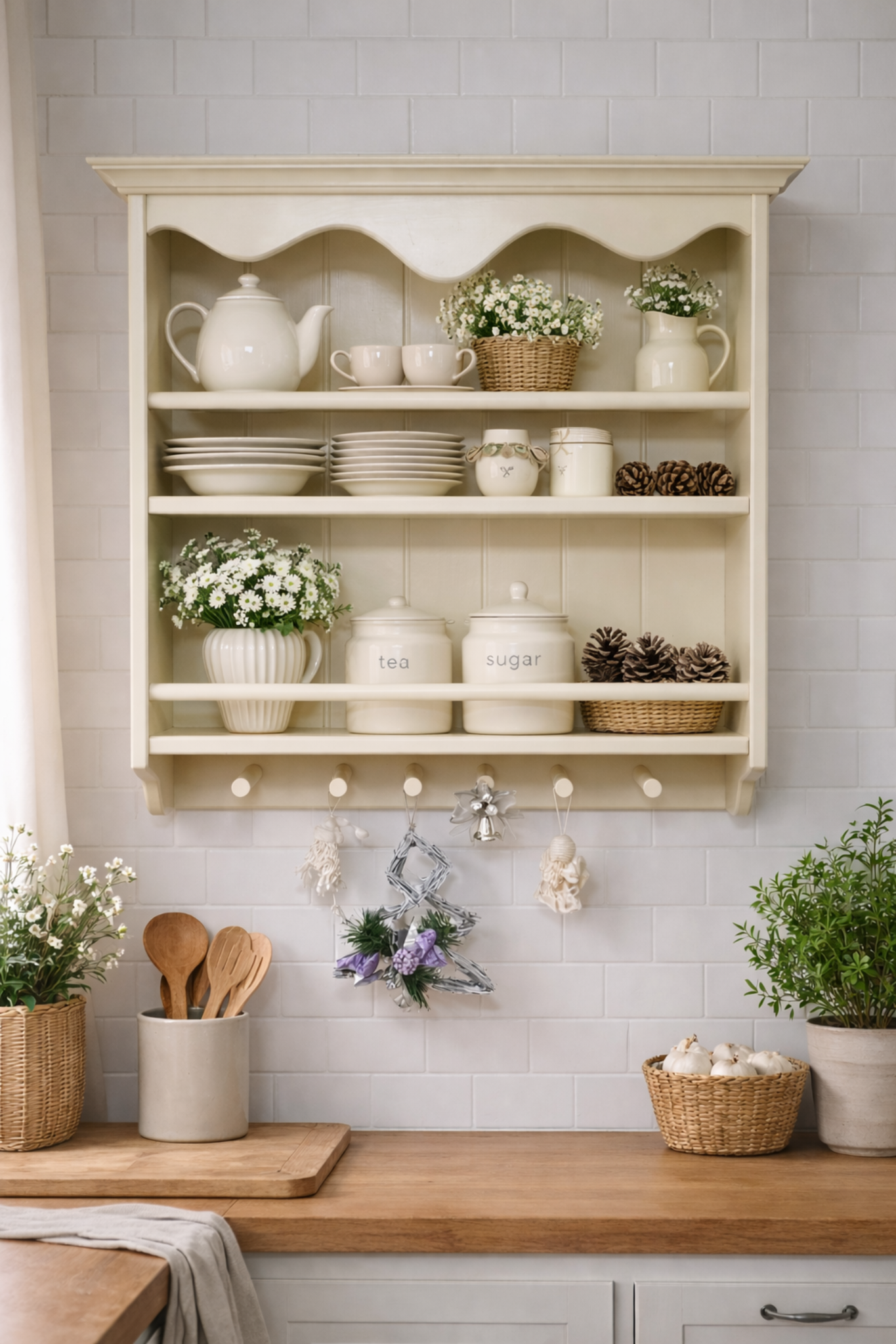 Cream Wall Shelf Solid Wood – Farmhouse Plate & Mug Rack | Kitchen Storage (Ash Wood)